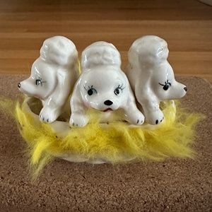 Vintage French Poodles in Fur Lined Ceramic Basket White